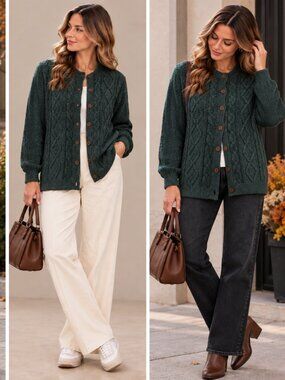 Vintage Huntington Ridge Cable Knit Cardigan Size L – Heathered Green & Gold